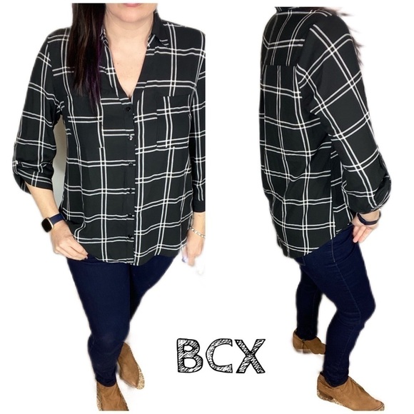 BCX plaid roll tab button up collared blouse - Picture 1 of 12